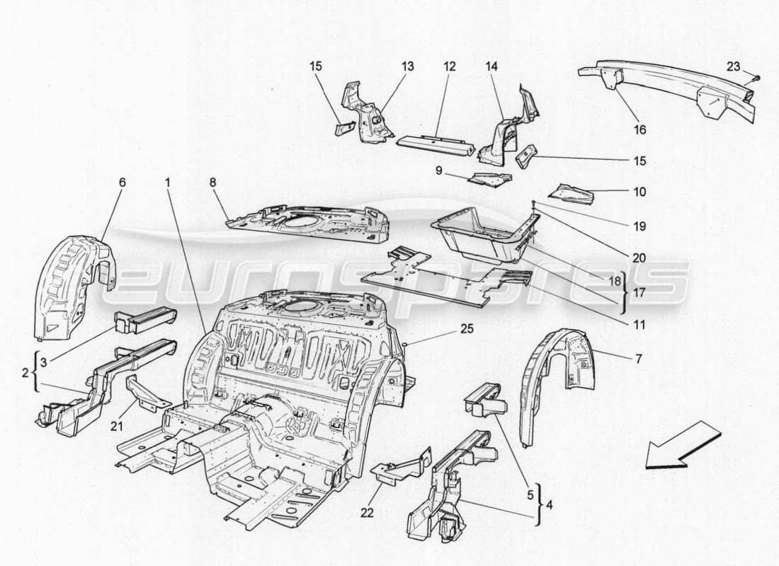 maserati granturismo special edition rear structural frames and sheet panels part diagram