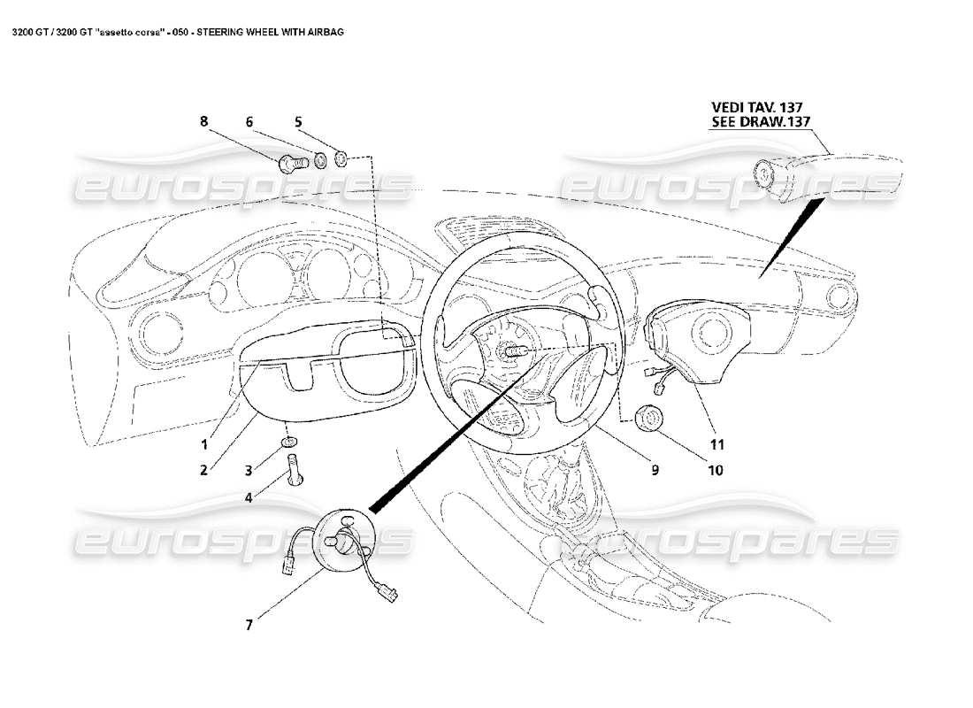 maserati 3200 gt/gta/assetto corsa steering wheel & airbag part diagram