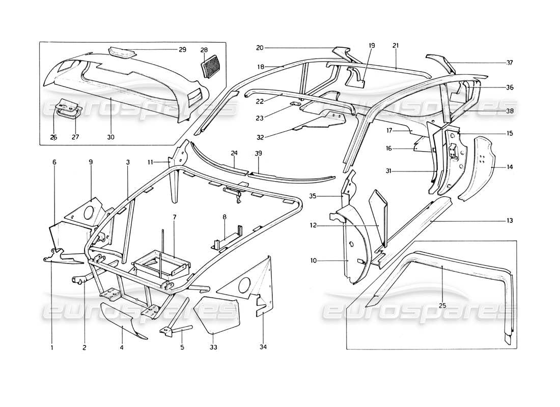 ferrari 246 dino (1975) body shell - inner elements part diagram