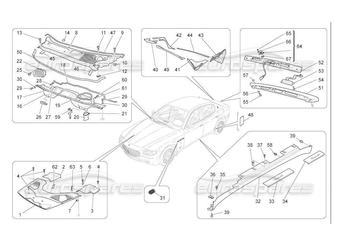 maserati qtp. (2007) 4.2 auto shields, trims and covering panels part diagram