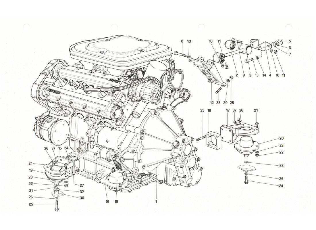 ferrari 208 gtb gts engine - gearbox and supports part diagram