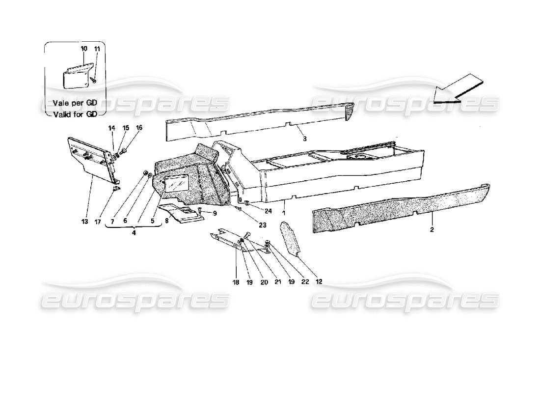 ferrari mondial 3.4 t coupe/cabrio tunnel - framework and linings - coupe part diagram