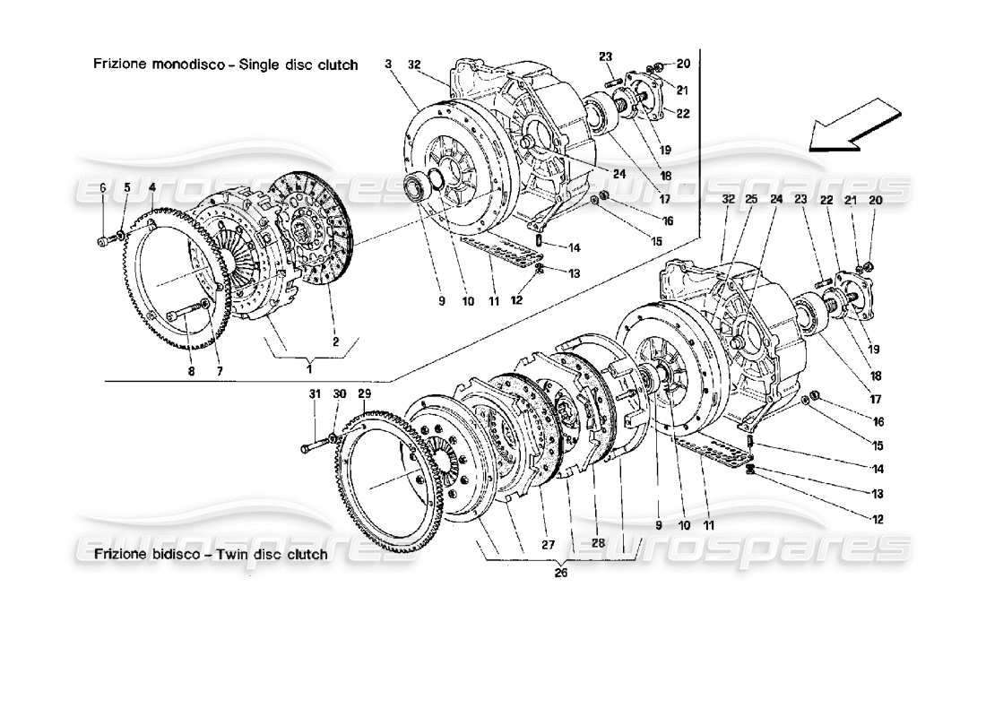 ferrari mondial 3.4 t coupe/cabrio single and double disc clutch part diagram