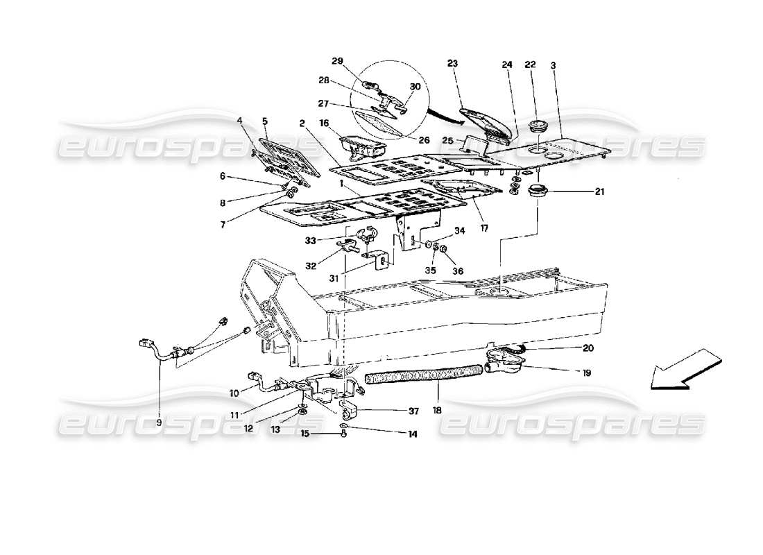 ferrari mondial 3.4 t coupe/cabrio tunnel - components - coupe part diagram