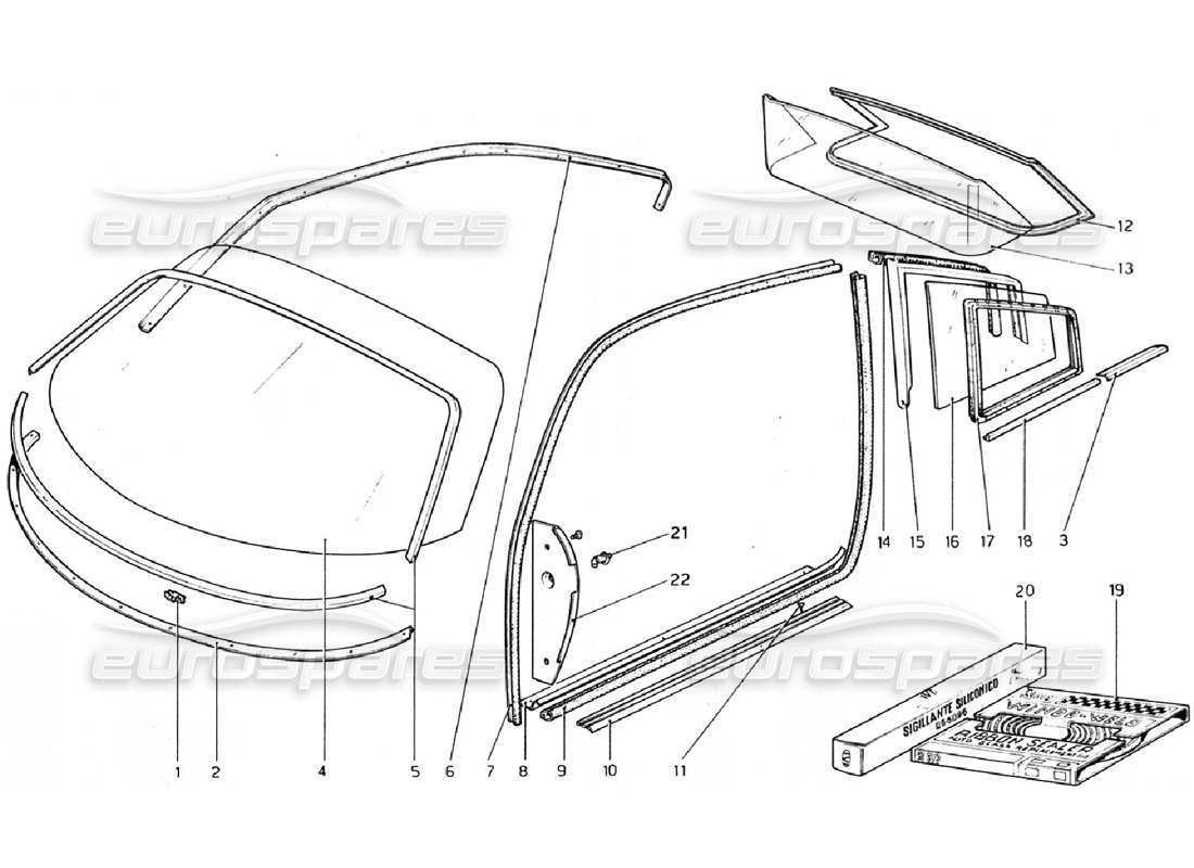 ferrari 308 gtb (1976) glasses (valid for rhd - aus versions) part diagram