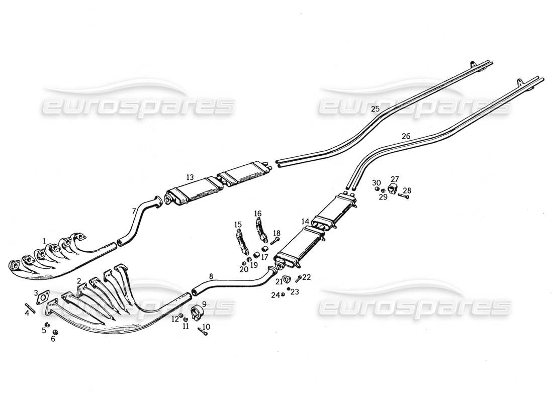 ferrari 250 gte (1957) exhaust manifolds, mufflers, lengthening pipes part diagram