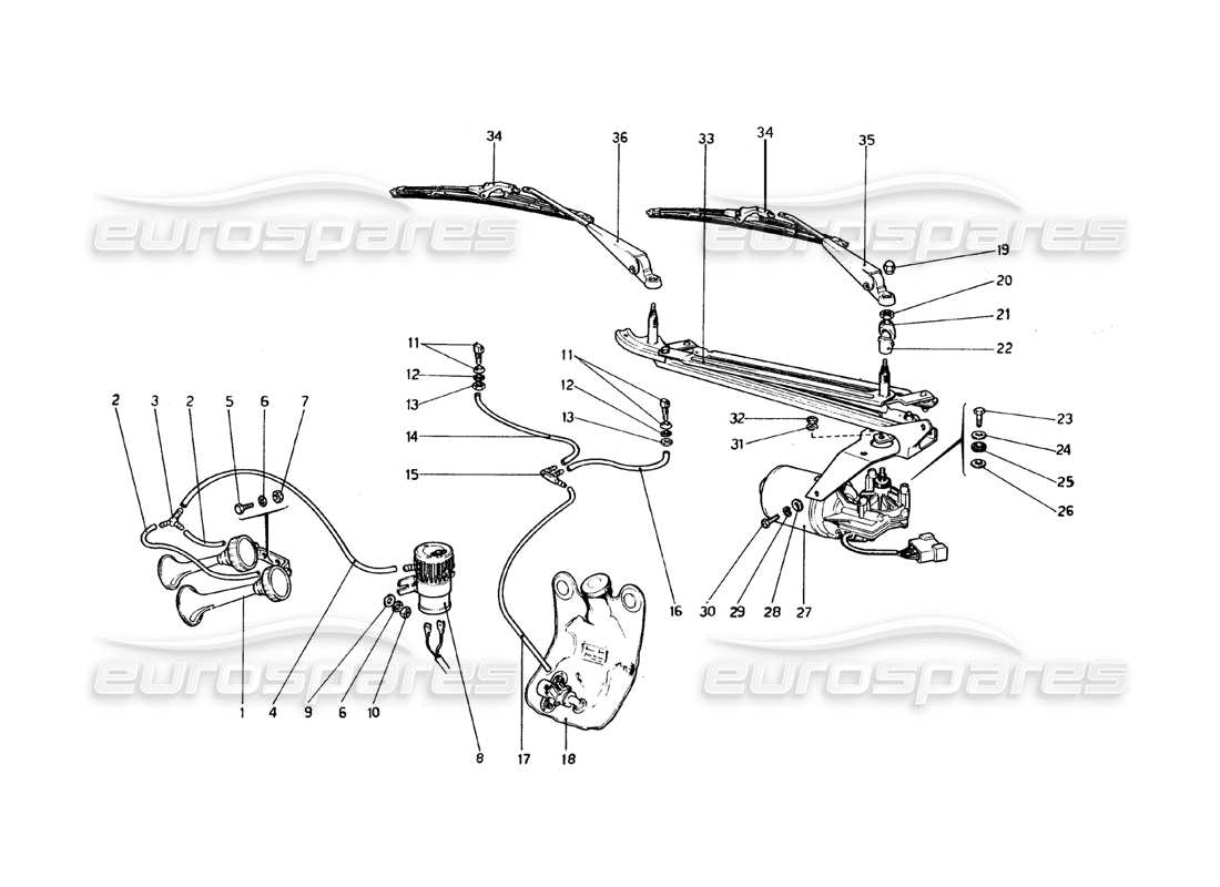 ferrari 308 gtb (1976) windshield wiper, washer and horn (valid for rhd - aus versions) part diagram