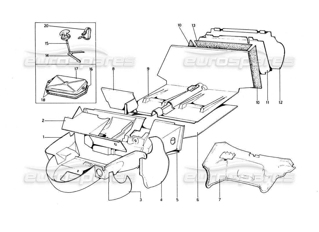 ferrari 246 dino (1975) body shell - inner elements part diagram