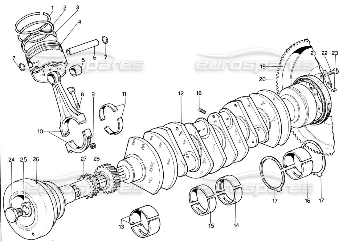 ferrari 365 gtb4 daytona (1969) crankshaft, connecting rods & pistons part diagram