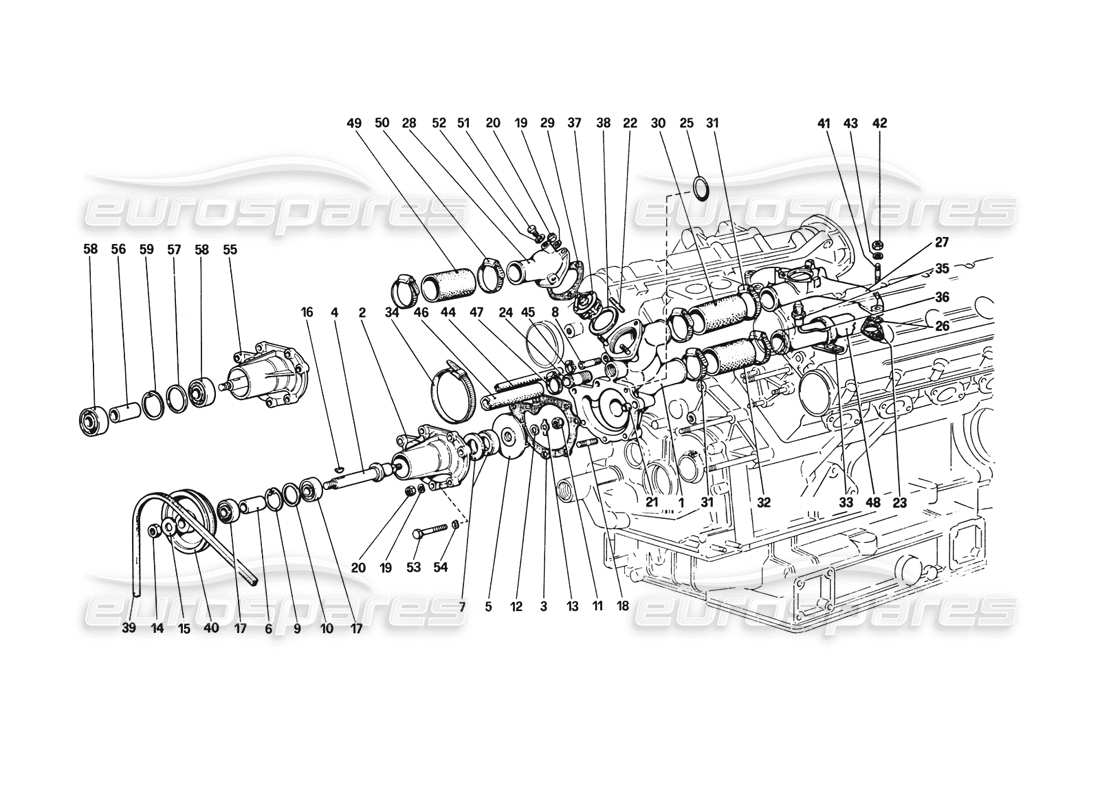 ferrari 308 gtb (1980) water pump and pipings part diagram