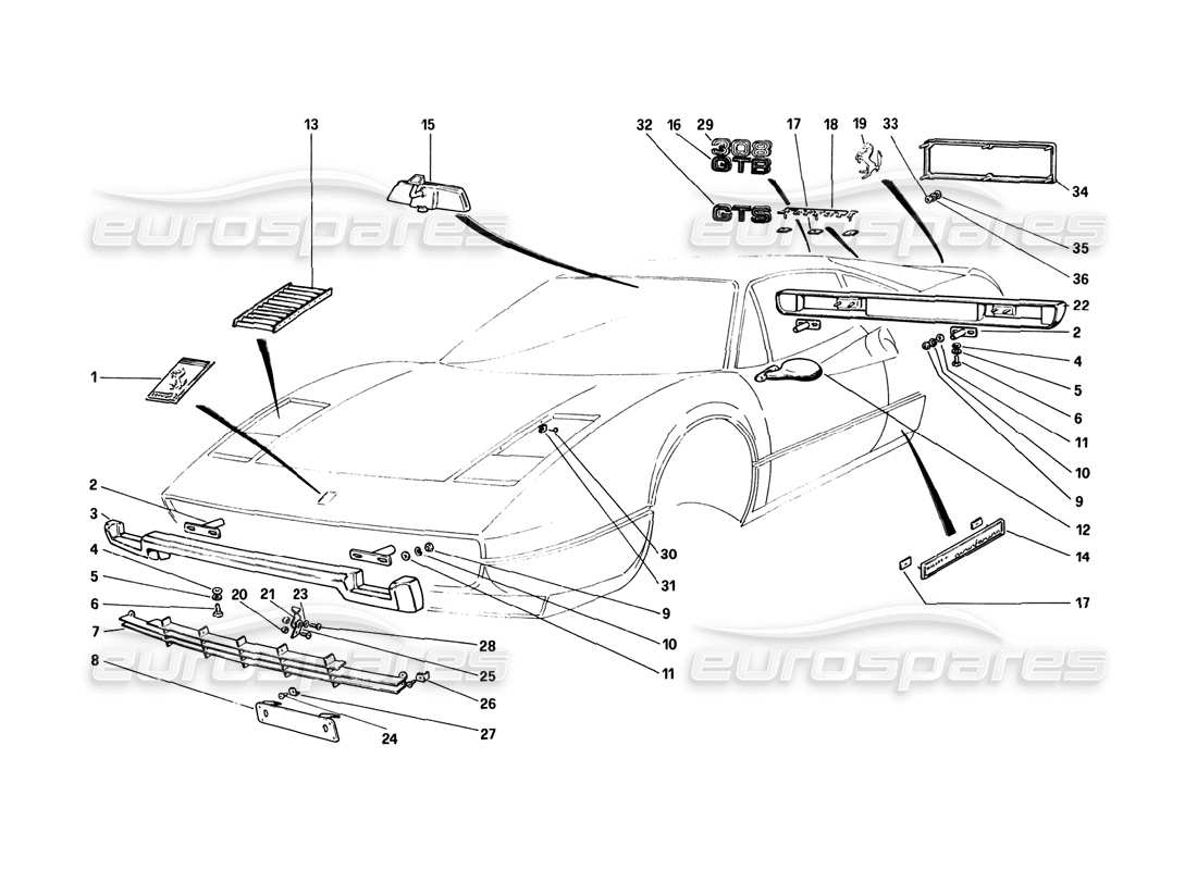 ferrari 308 gtb (1980) bumpers and mouldings part diagram