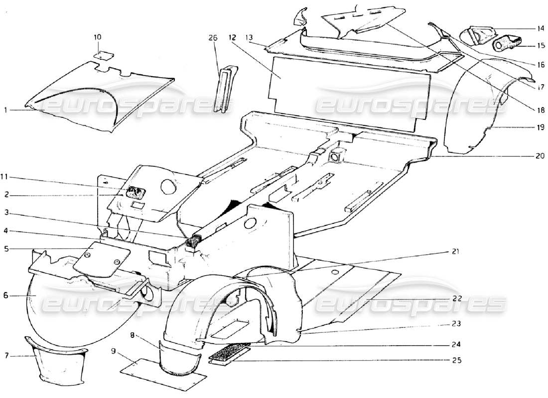 ferrari 308 gtb (1976) body shell - inner elements part diagram