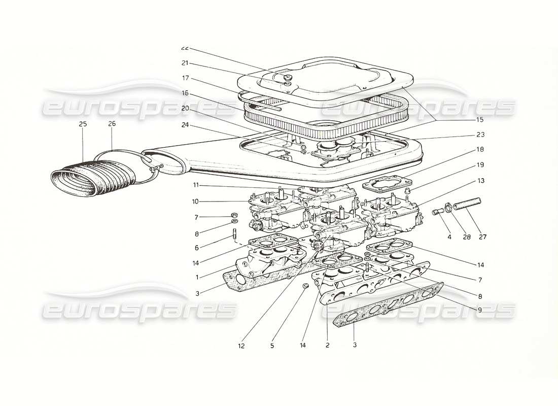 ferrari 308 gt4 dino (1976) carburettors and air cleaner parts diagram