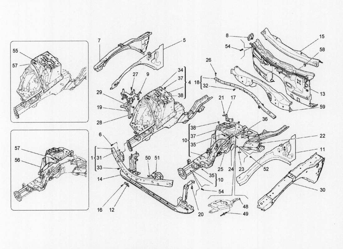 maserati qtp. v6 3.0 bt 410bhp 2wd 2017 front structural frames and sheet panels part diagram