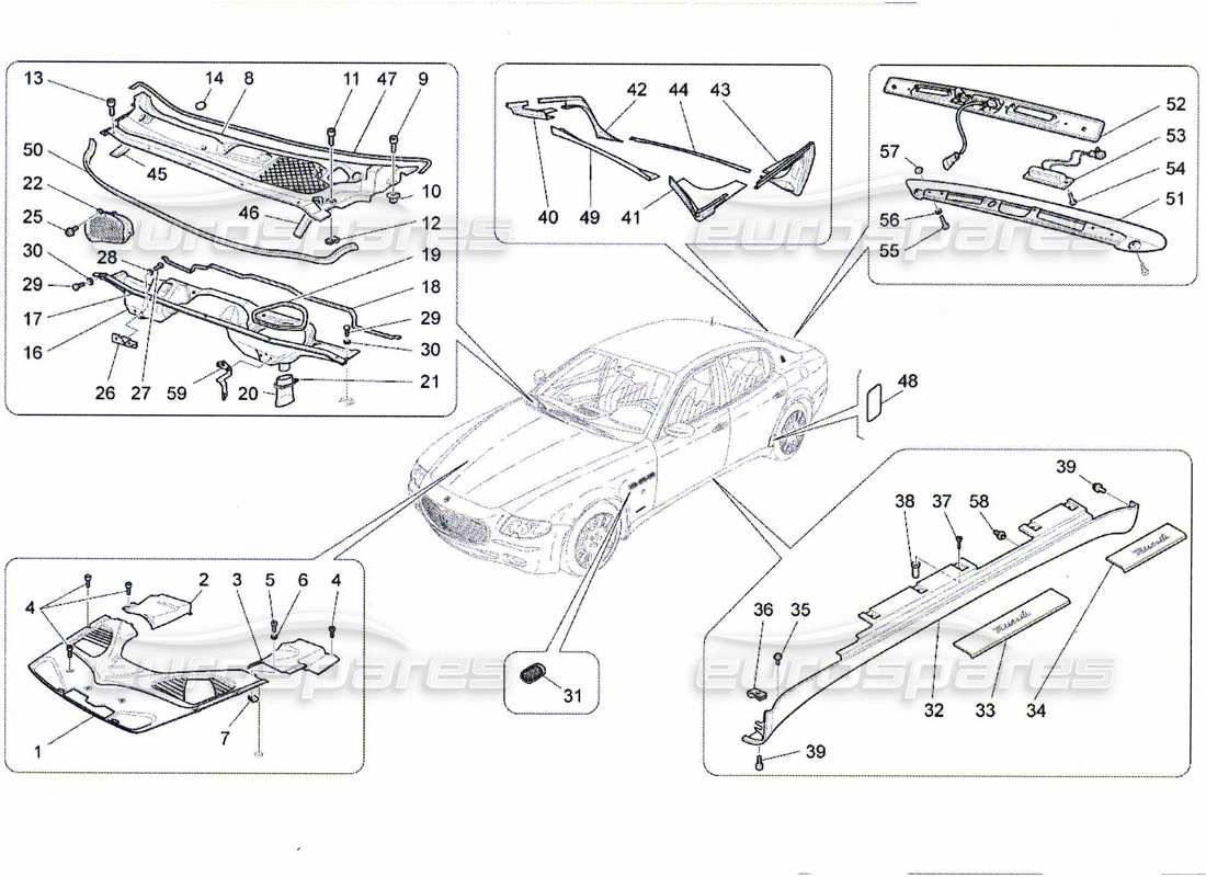 maserati qtp. (2010) 4.7 shields, trims and covering panels part diagram