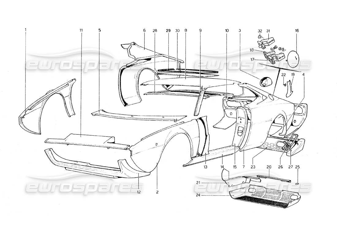 ferrari 308 gt4 dino (1979) body shell - outer elements part diagram