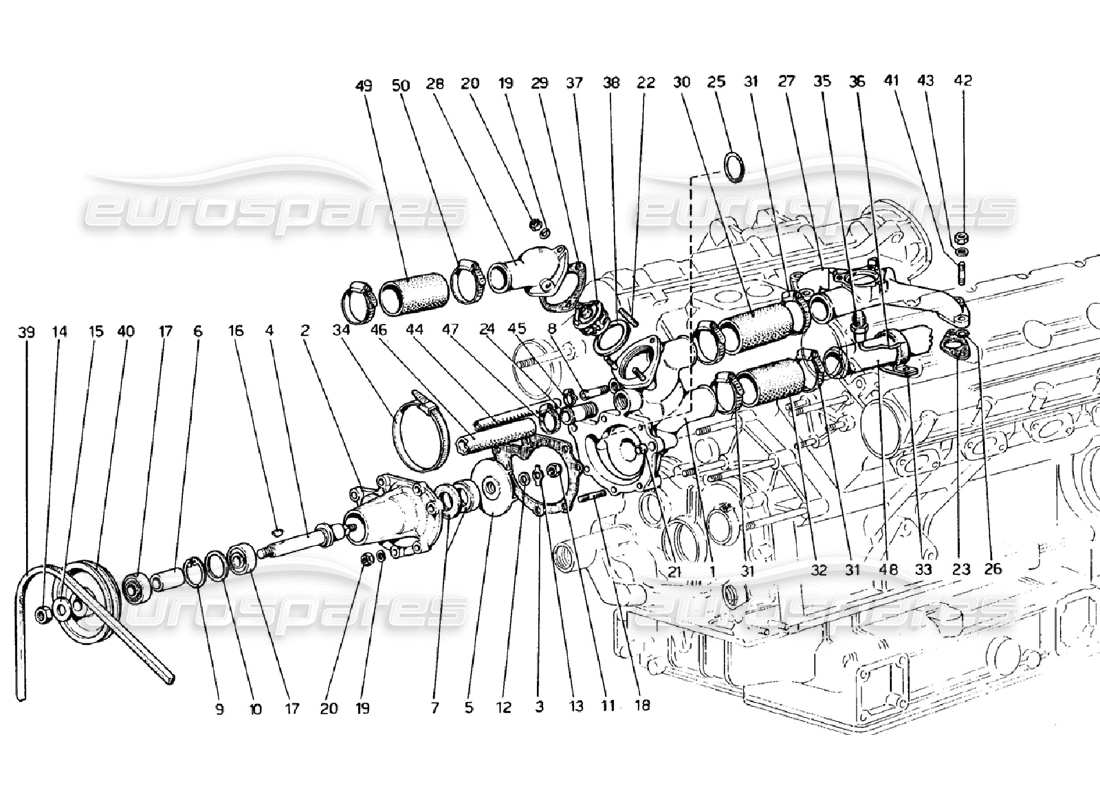 ferrari 308 gtb (1976) water pump and pipings part diagram