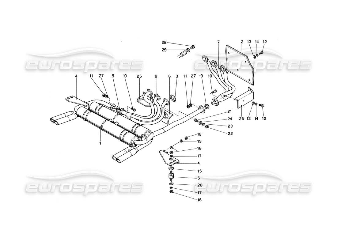 ferrari 246 dino (1975) exhaust pipes assembly part diagram