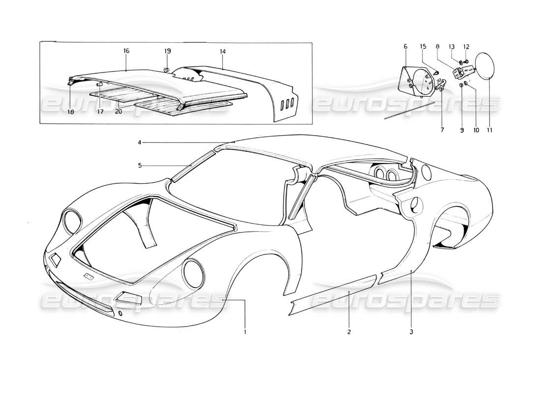 ferrari 246 dino (1975) body shell - outer elements part diagram