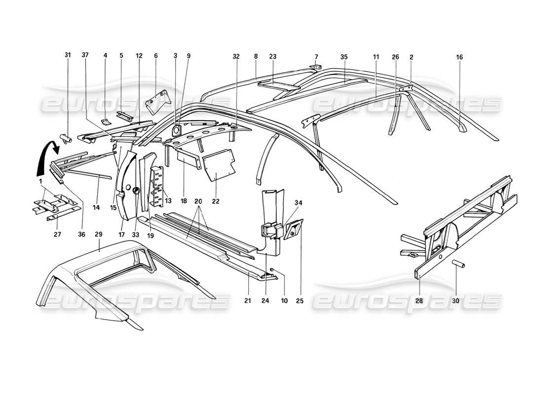 ferrari 308 (1981) gtbi/gtsi body shell - inner elements part diagram