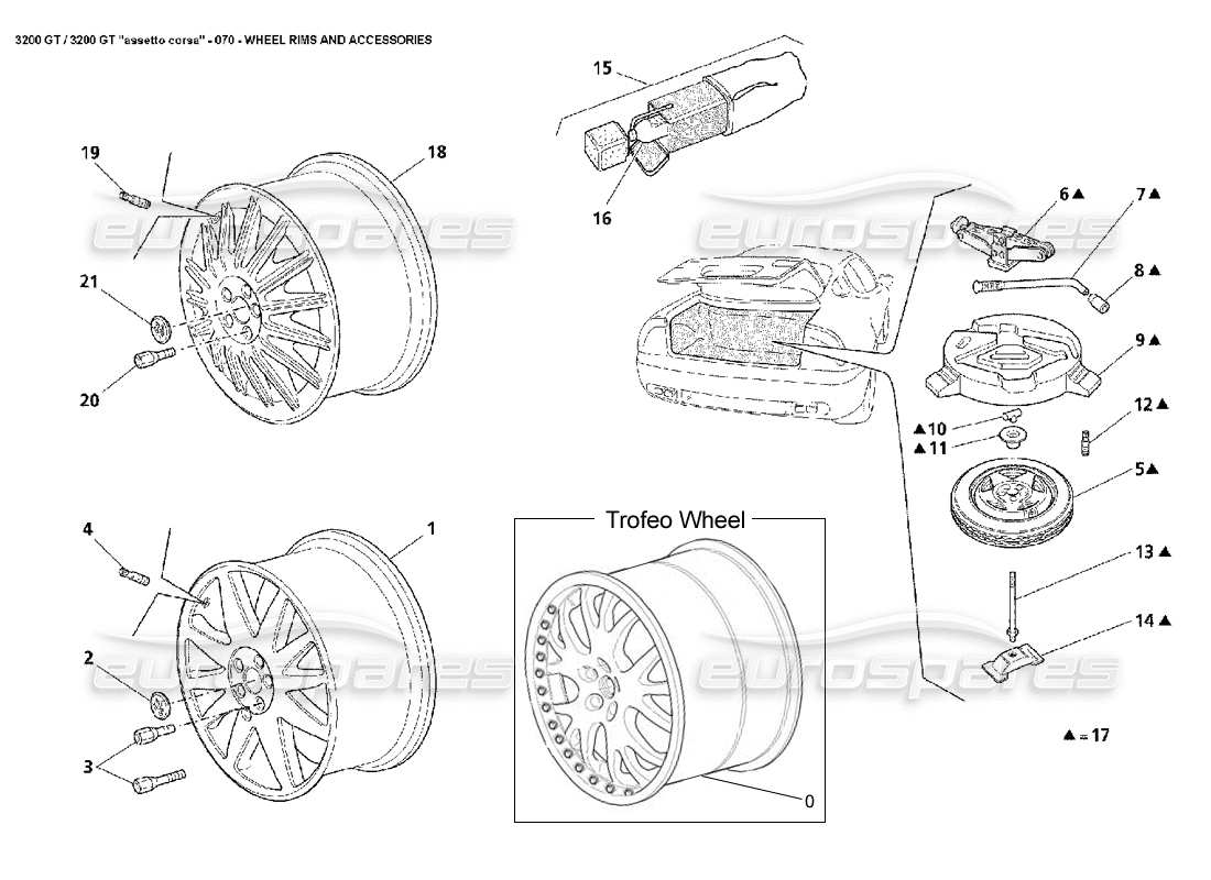 maserati 3200 gt/gta/assetto corsa wheels and accessories part diagram