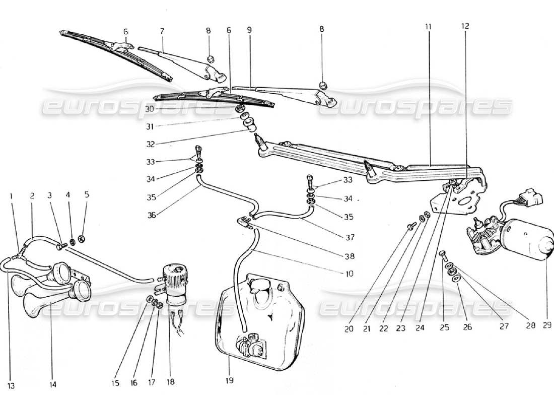 ferrari 308 gtb (1976) windshield wiper, washer and horn part diagram