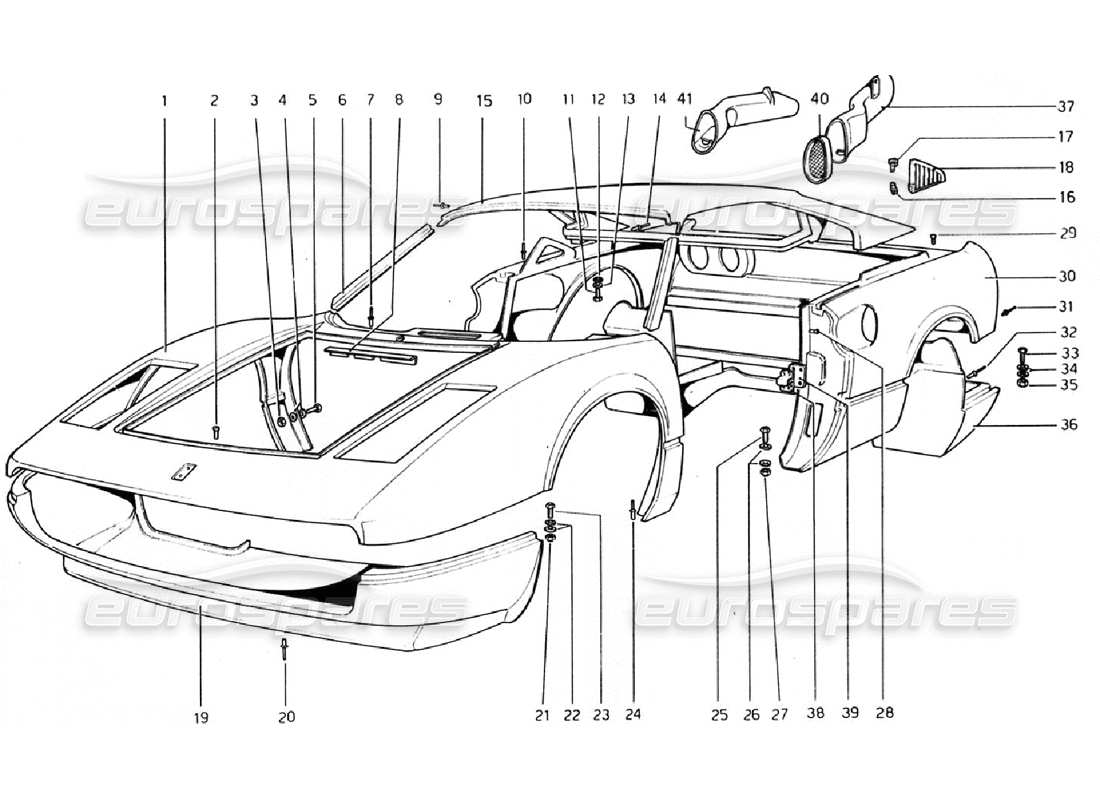 ferrari 308 gtb (1976) body shell - outer elements part diagram