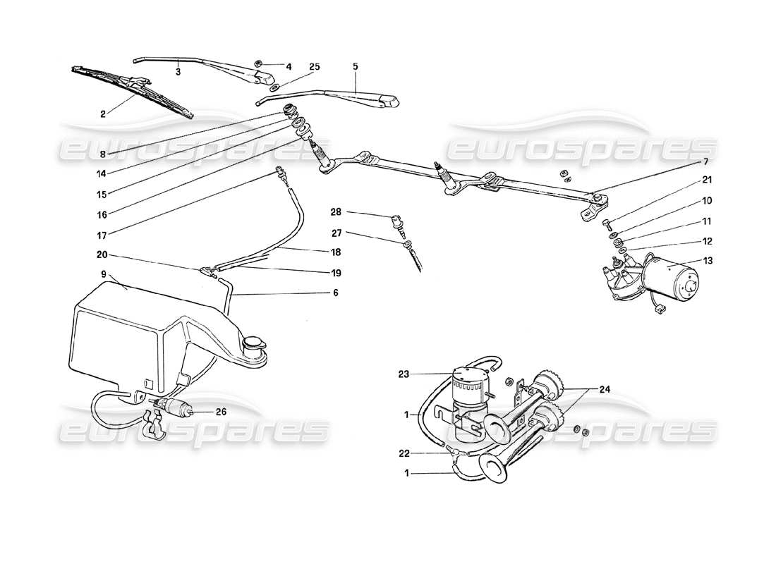 ferrari 208 turbo (1989) windshield wiper, washer and horns part diagram