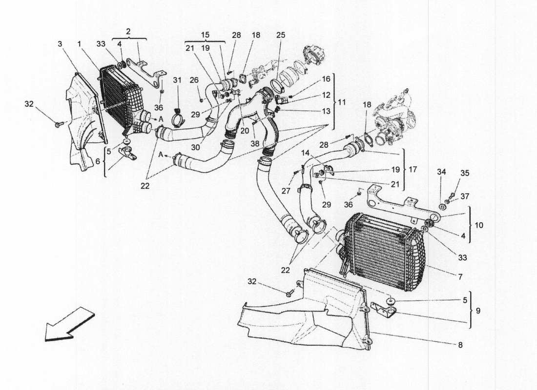 maserati qtp. v6 3.0 bt 410bhp 2wd 2017 intercooler system part diagram