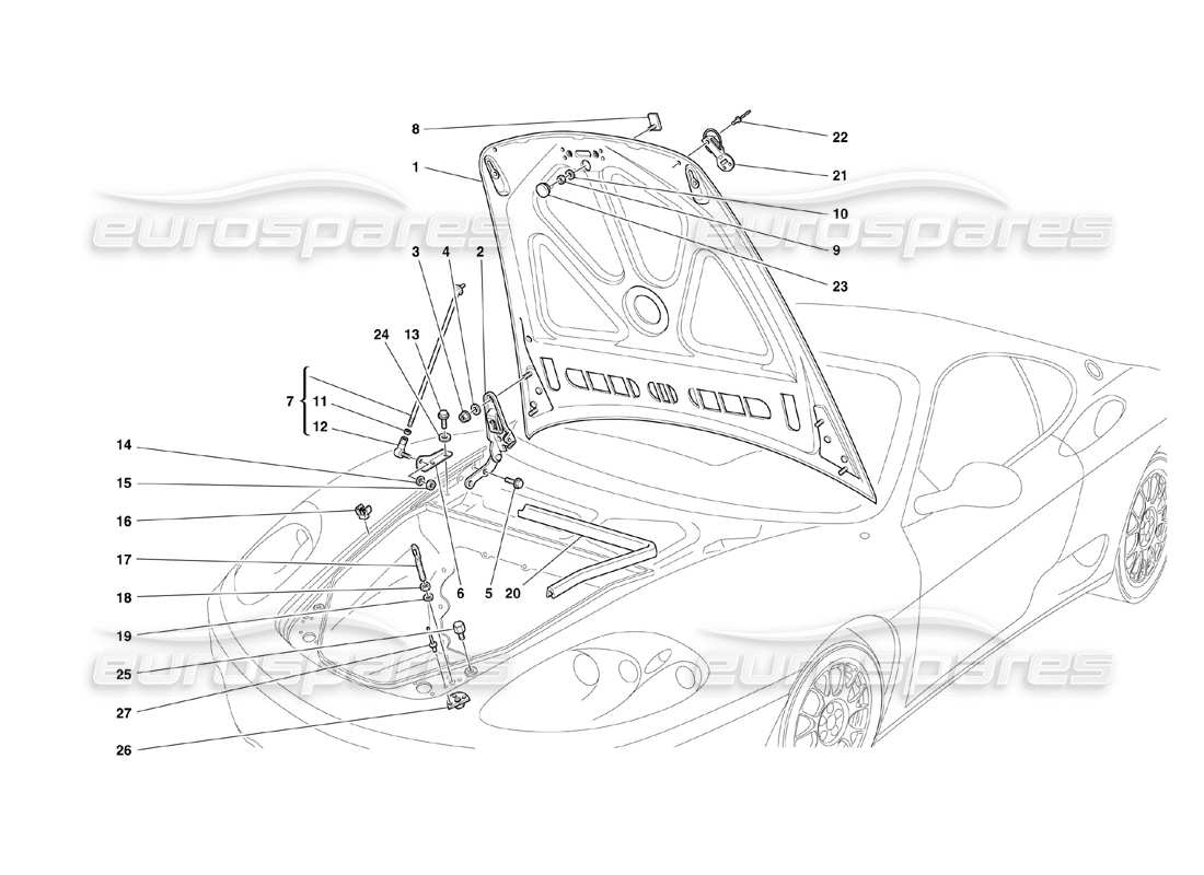 ferrari 360 challenge (2000) front hood and opening device part diagram