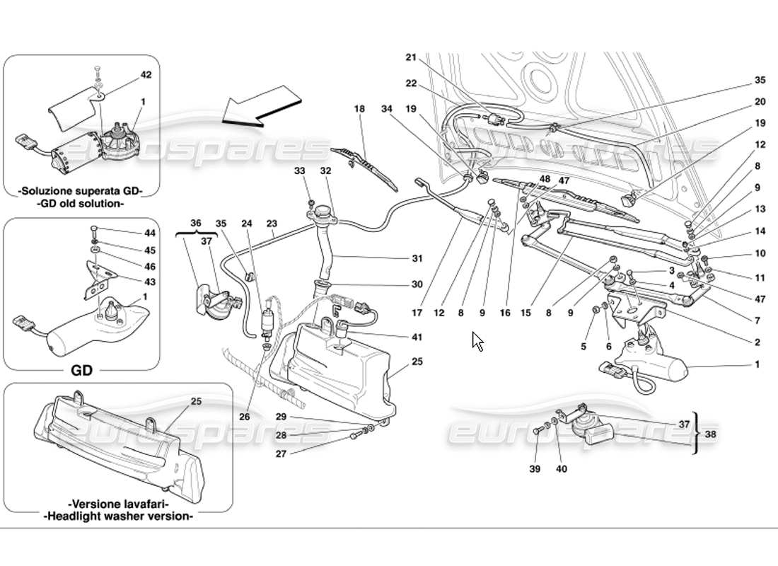 ferrari 360 modena windshield, glass washer and horns part diagram