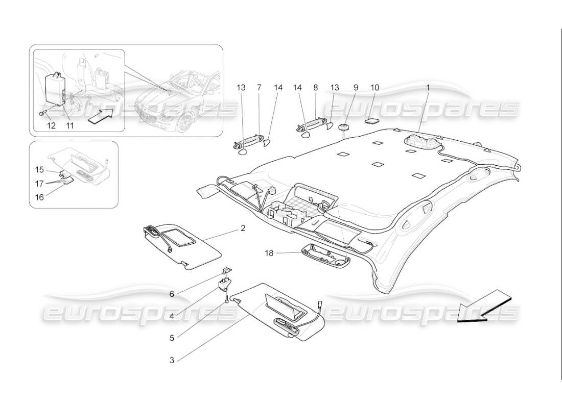 maserati qtp. (2009) 4.7 auto roof and sun visors part diagram