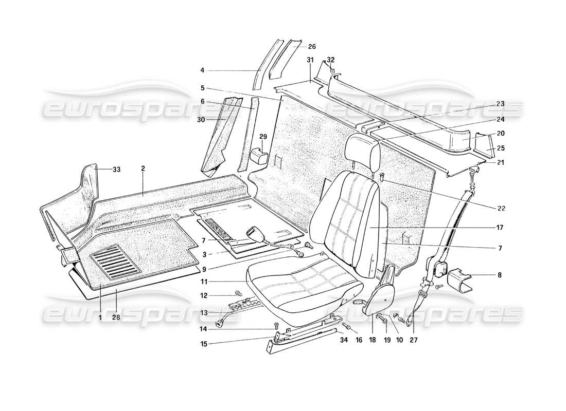 ferrari 328 (1985) interior trim, accessories and seats parts diagram