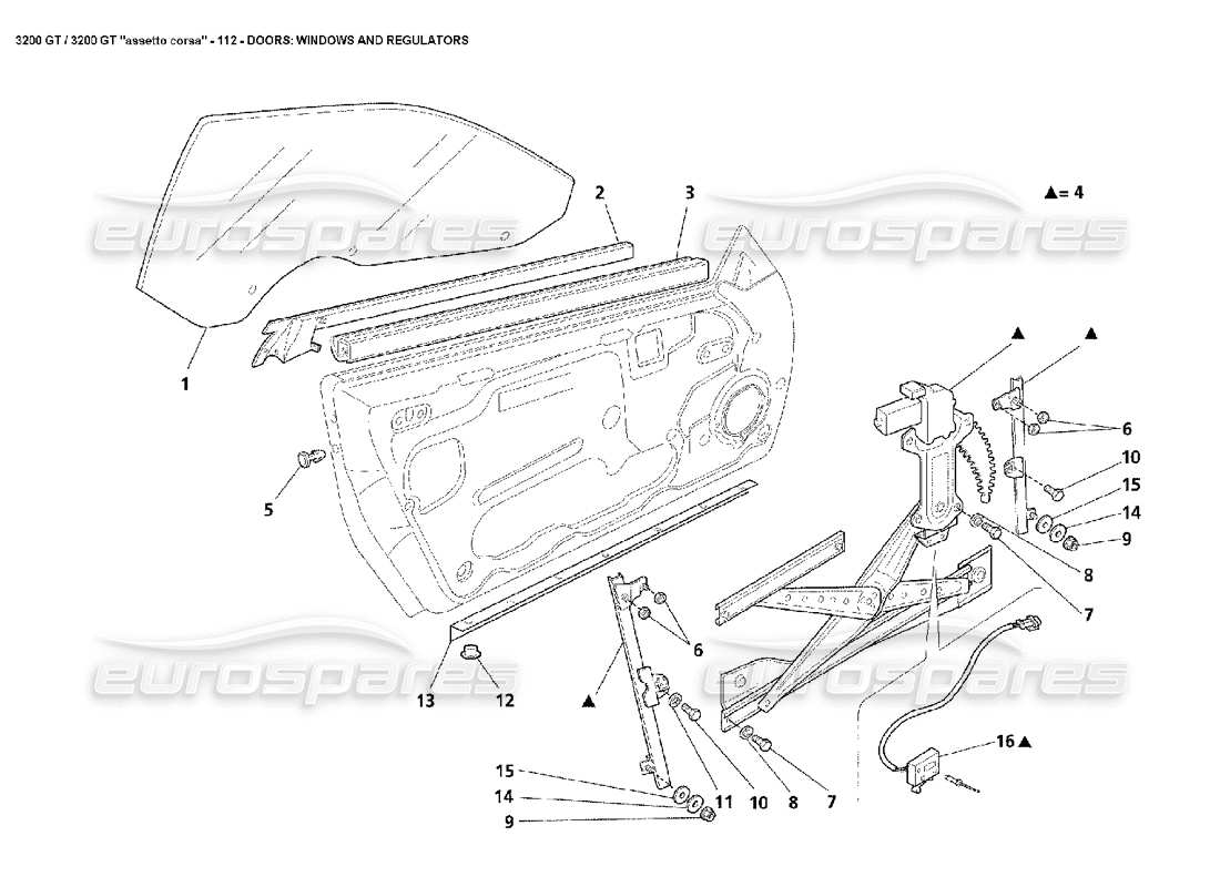 maserati 3200 gt/gta/assetto corsa doors: windows & regulators part diagram