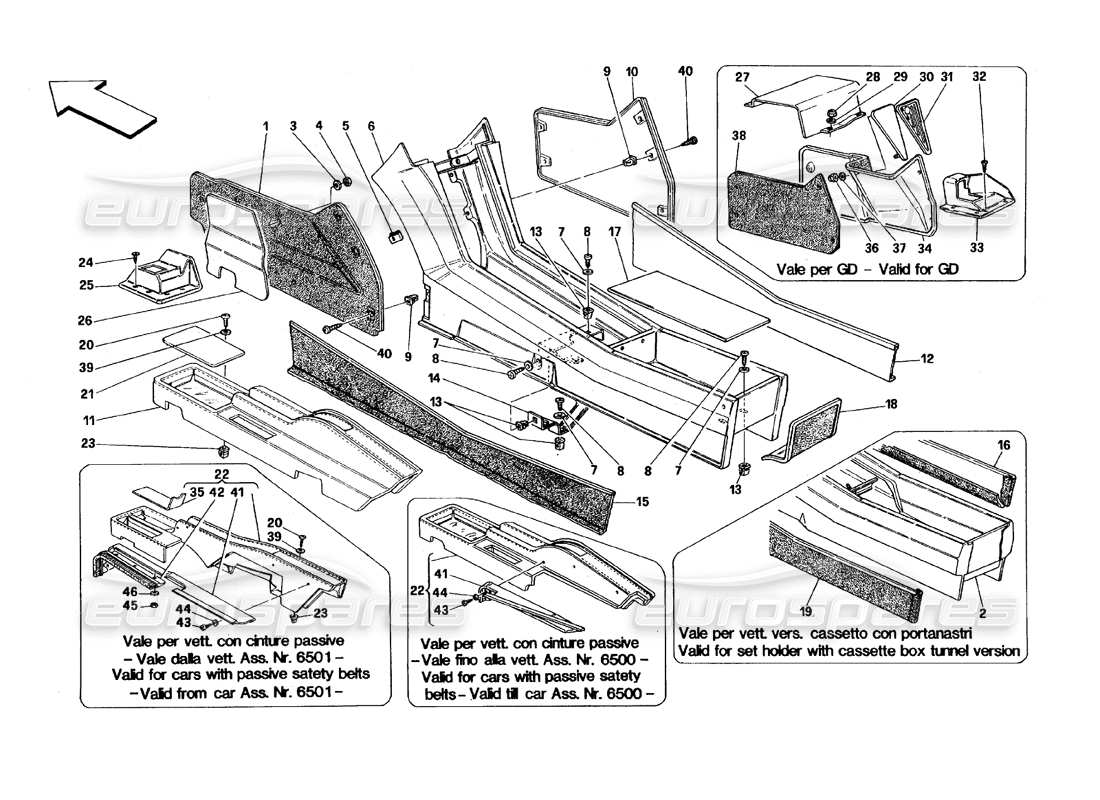 ferrari 348 (1993) tb / ts tunnel - framework and trims part diagram