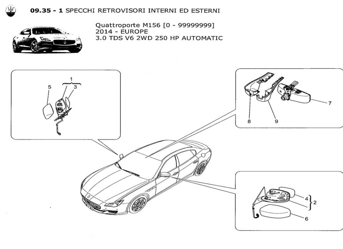 maserati qtp. v6 3.0 tds 250bhp 2014 internal and external rear-view mirrors part diagram