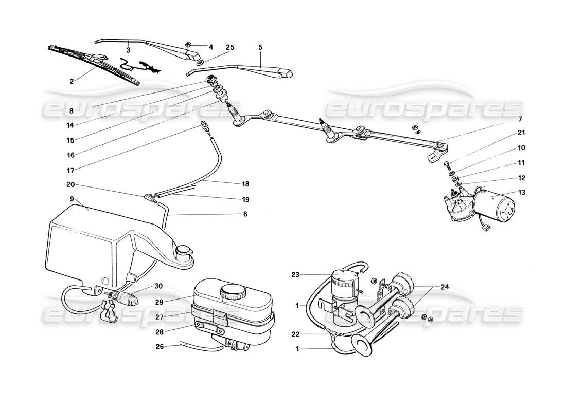 ferrari 328 (1985) windshield wiper, washer and horn part diagram