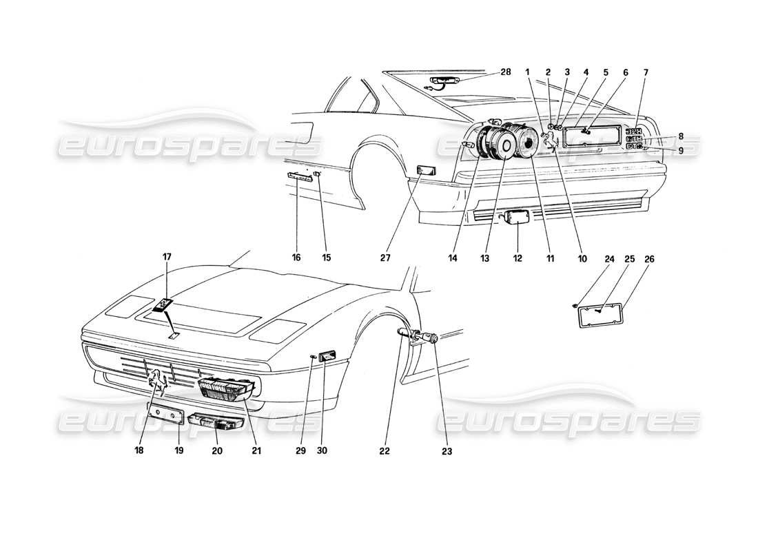 ferrari 328 (1985) external lights and mouldings part diagram