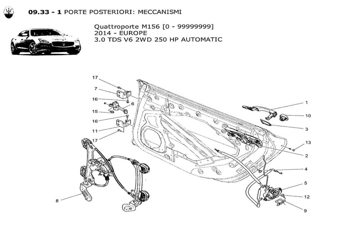 maserati qtp. v6 3.0 tds 250bhp 2014 rear doors: mechanisms part diagram