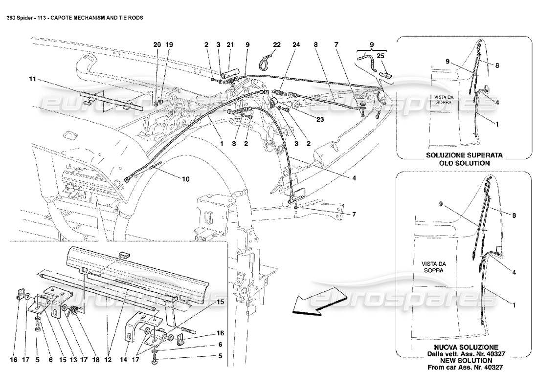 ferrari 360 spider capote mechanism and tie rods part diagram