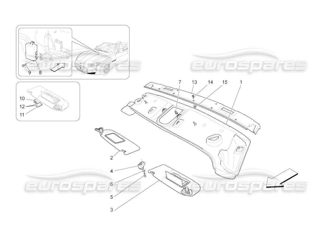 maserati grancabrio (2010) 4.7 roof and sun visors part diagram