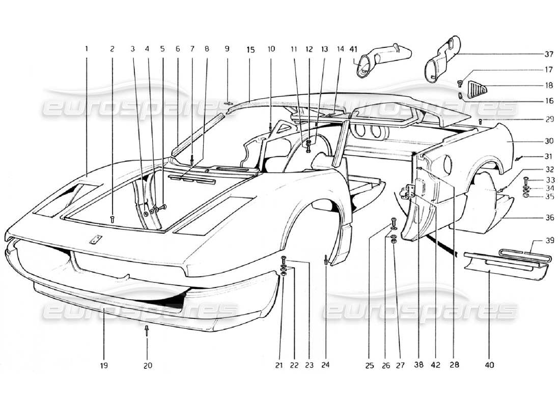 ferrari 308 gtb (1976) body shell - outer elements (valid for rhd - aus versions) part diagram