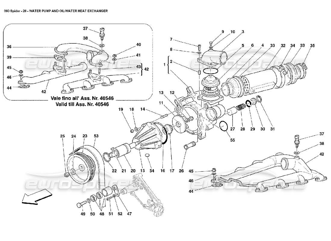 ferrari 360 spider water pump and oil-water heat exchanger part diagram