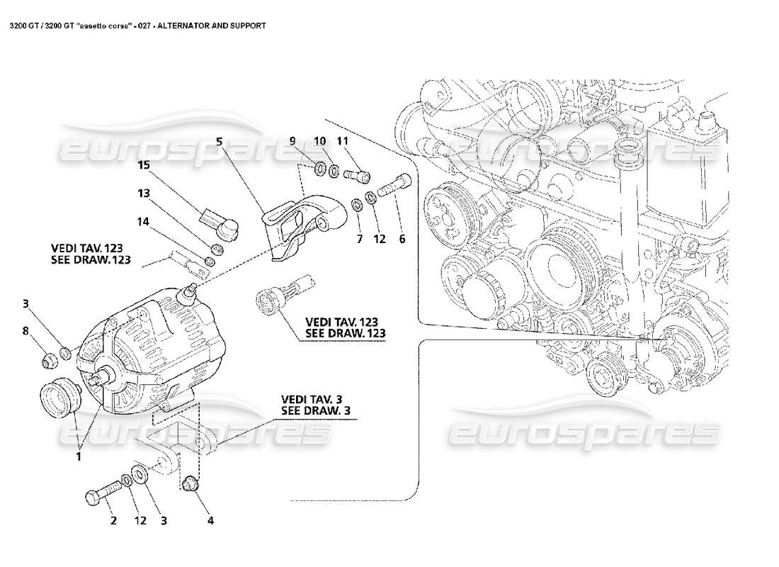 maserati 3200 gt/gta/assetto corsa alternator and support part diagram