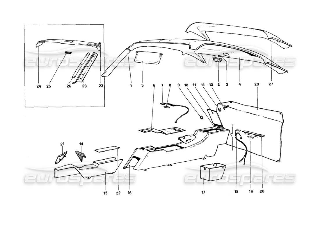 ferrari 308 gtb (1980) tunnel and roof (variants for rhd - aus versions) part diagram