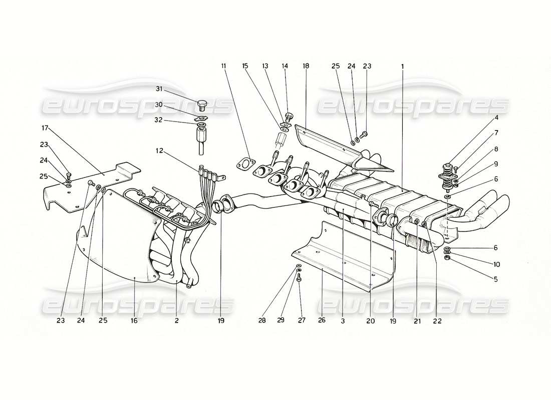 ferrari 308 gt4 dino (1976) exhaust system part diagram