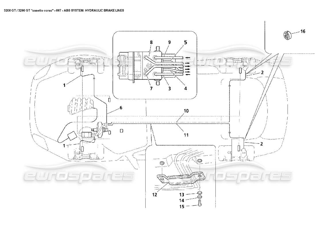 maserati 3200 gt/gta/assetto corsa abs: hydraulic lines part diagram