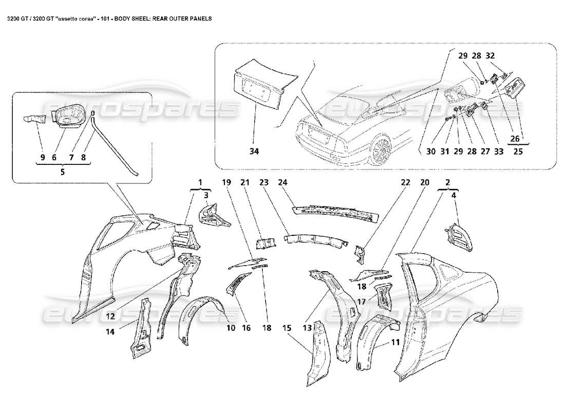 maserati 3200 gt/gta/assetto corsa body: rear outer panels part diagram