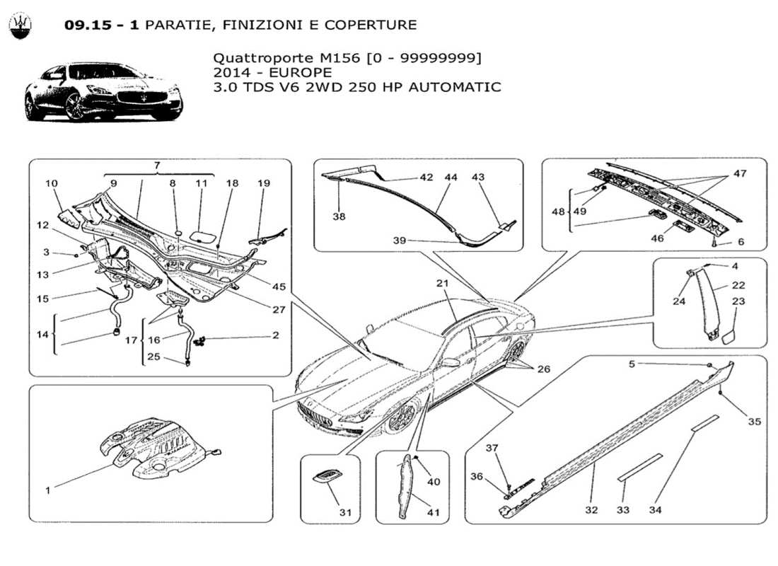 maserati qtp. v6 3.0 tds 250bhp 2014 shields, trims and covering panels part diagram