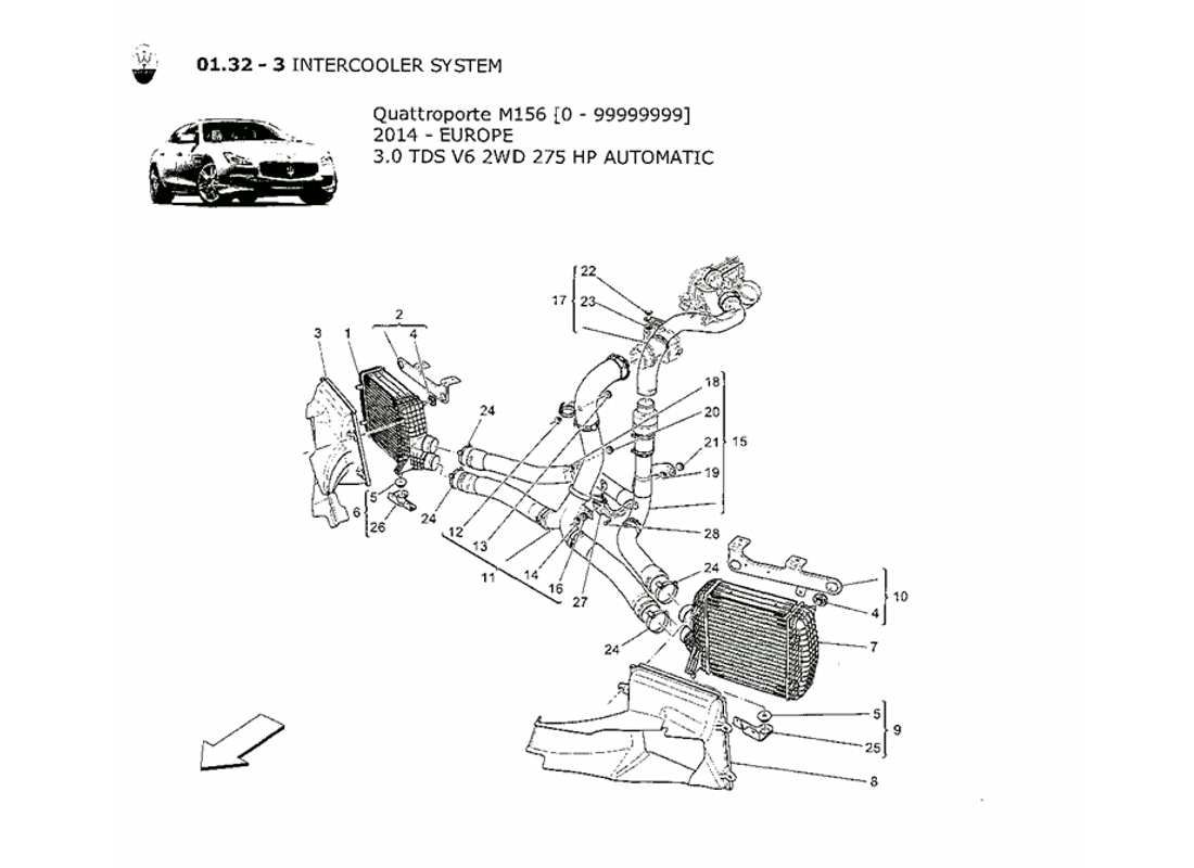 maserati qtp. v6 3.0 tds 275bhp 2014 intercooler system part diagram